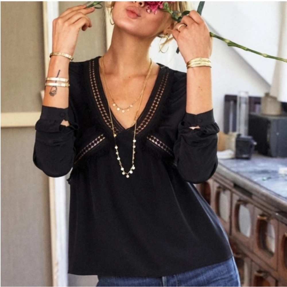 Sezane Zora Black Silk Blouse size FR 40 US 8 EUC